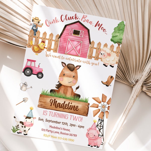 Girl Barnyard Birthday Invitation Editable Pink Barn Party Invite Farm Animals Theme Birthday Party Invitation Instant Digital Download F03