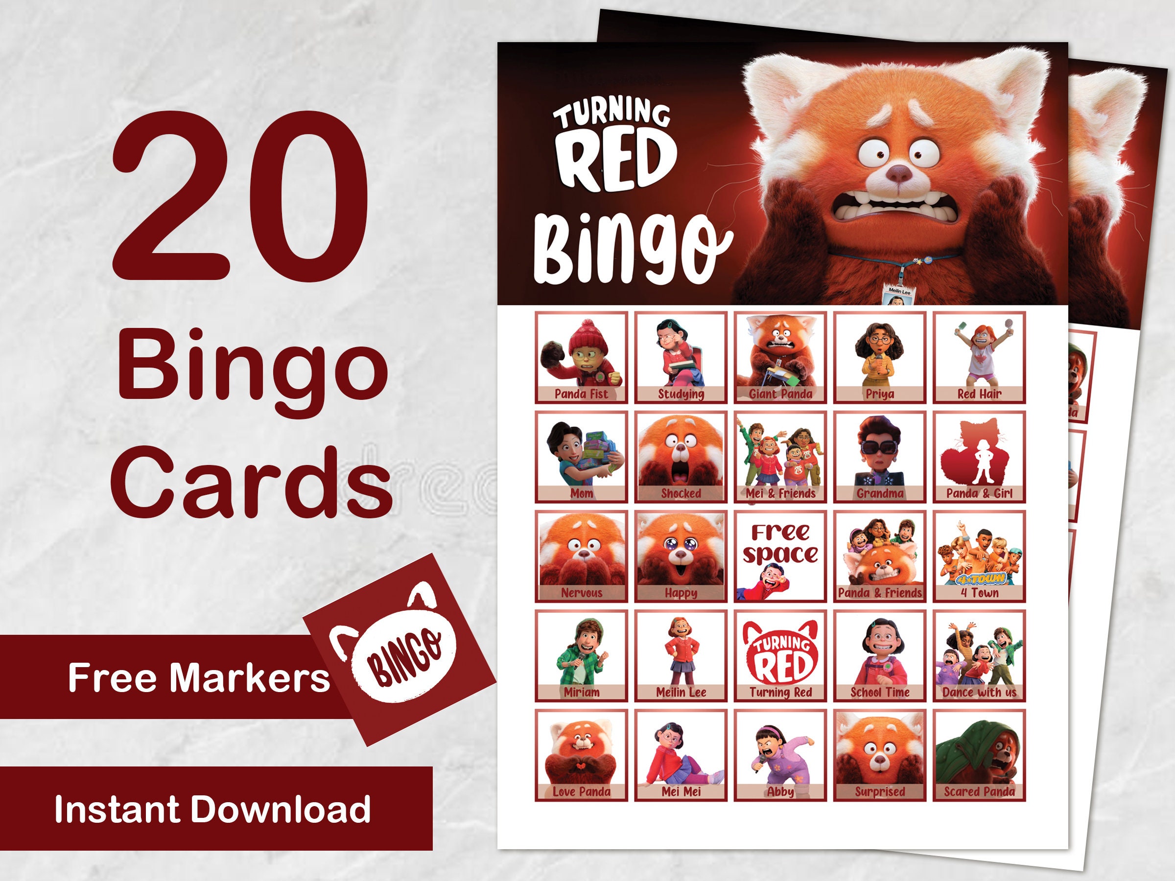 Turning Red Bingo 20 Cards Turning Red Movie Birthday Etsy