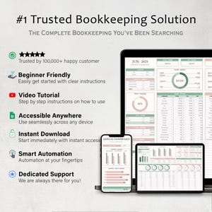 Puede incluir: Una soluci&oacute;n de contabilidad digital que se muestra en una computadora port&aacute;til, tableta y tel&eacute;fono inteligente. Las pantallas muestran datos financieros y gr&aacute;ficos. El texto incluye "#1 Trusted Bookkeeping Solution" y caracter&iacute;sticas como "Beginner Friendly".