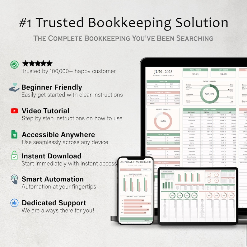 Puede incluir: Una soluci&oacute;n de contabilidad digital que se muestra en una computadora port&aacute;til, tableta y tel&eacute;fono inteligente. Las pantallas muestran datos financieros y gr&aacute;ficos. El texto incluye "#1 Trusted Bookkeeping Solution" y caracter&iacute;sticas como "Beginner Friendly".