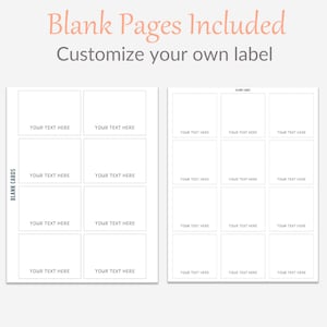 May include: Two white card sheets with blank card templates. The text "Blank Pages Included" and "Customize your own label" are in the image. Each card template has the text "YOUR TEXT HERE".