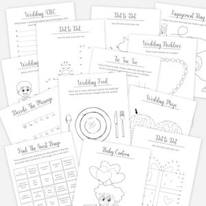 May include: A set of printable wedding activity sheets for guests to complete. The sheets include games like dot-to-dot, word searches, and a wedding food drawing activity.