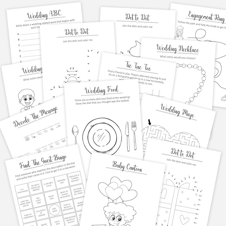 May include: A set of printable wedding activity sheets for guests to complete. The sheets include games like dot-to-dot, word searches, and a wedding food drawing activity.