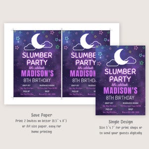 Sleepover Birthday Invitation Slumber Party Invite Teen Girl Pajama Party Invite Glamping Purple Neon Glow EDITABLE Instant Digital S07 image 3