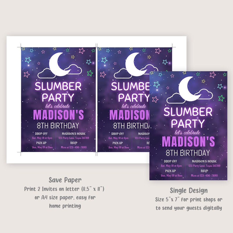 Sleepover Birthday Invitation Slumber Party Invite Teen Girl Pajama Party Invite Glamping Purple Neon Glow EDITABLE Instant Digital S07 image 3