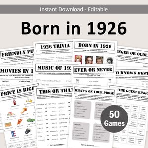 以下が含まれることがあります： 「Born in 1926」というタイトルの印刷可能なパーティーゲームのコレクション。ゲームには、トリビア、ビンゴ、「これまたはそれ」の質問が含まれます。画像には「50ゲーム」グラフィックが表示されます。