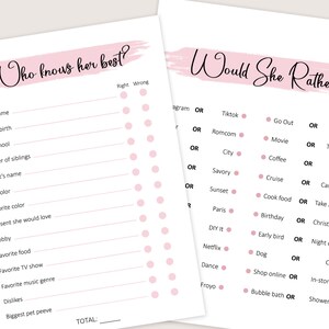 May include: A printable game for a bridal shower or hen party. The game is called "Who Knows Her Best?" and has a pink and white colour scheme. The game includes questions about the bride-to-be, such as her middle name, place of birth, and favourite colour. The second game is called "Would She Rather?" and includes questions about the bride-to-be's preferences, such as whether she would rather go out or stay in, cook food or take away, and shop online or in-store.