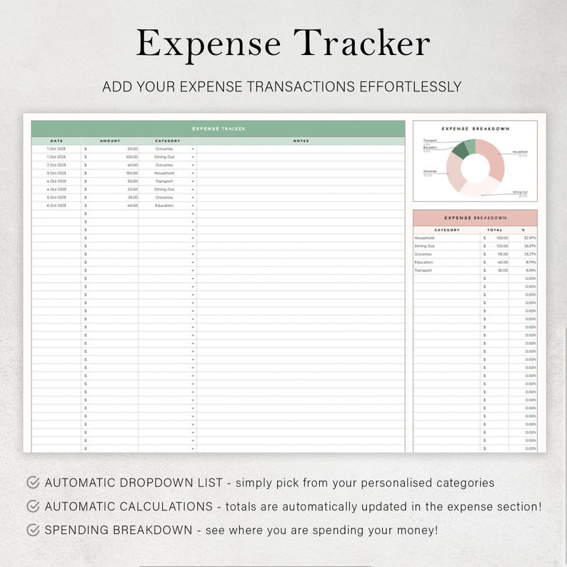 May include: A printable expense tracker with a green and pink color scheme. The tracker includes a table for recording dates, amounts, categories, and notes. It also includes a pie chart showing a breakdown of expenses by category.