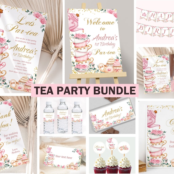 Tea Party Birthday Invitation Bundle Par-tea Decor Tea Cup Decorations Whimsical Tea Partea Gold Pink Floral Theme EDITABLE Digital T01