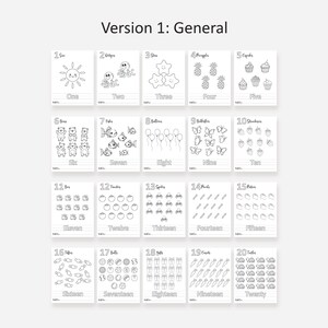 May include: A black and white printable worksheet for learning numbers 1 through 20. Each number is represented by a different image, such as a sun, octopus, stars, pineapples, cupcakes, bears, fish, balloons, butterflies, strawberries, bugs, tomatoes, spiders, pencils, pizza slices, lollipops, balls, gift boxes, carrots, and turtles.