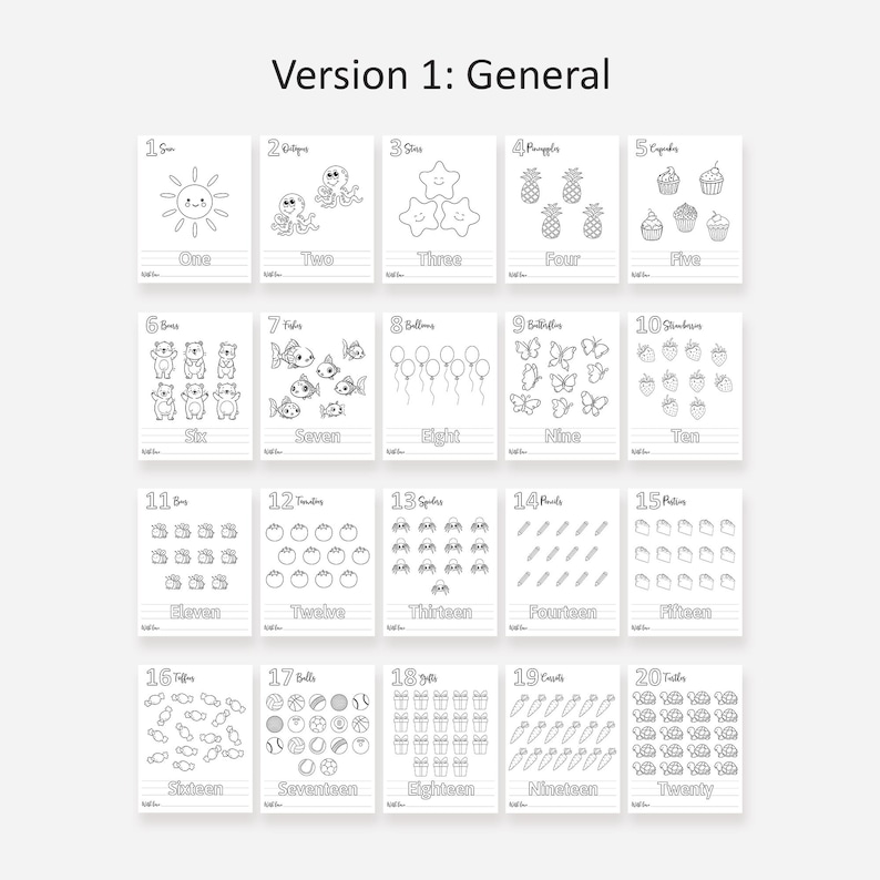 May include: A black and white printable worksheet for learning numbers 1 through 20. Each number is represented by a different image, such as a sun, octopus, stars, pineapples, cupcakes, bears, fish, balloons, butterflies, strawberries, bugs, tomatoes, spiders, pencils, pizza slices, lollipops, balls, gift boxes, carrots, and turtles.