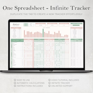 May include: A laptop displays a spreadsheet titled "One Spreadsheet - Infinite Tracker." The screen shows a habit tracker with a pink and green color scheme. Text includes "Easy to Use," "Automatic Calculations," and "Instructions Included."