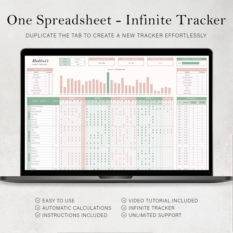 May include: A laptop displays a spreadsheet titled "One Spreadsheet - Infinite Tracker." The screen shows a habit tracker with a pink and green color scheme. Text includes "Easy to Use," "Automatic Calculations," and "Instructions Included."