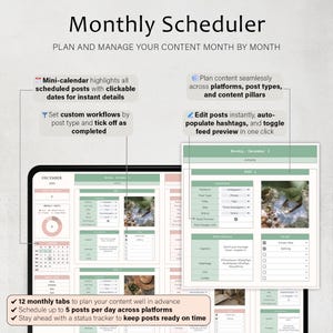 K&ouml;nnte beinhalten: Digitales monatliches Planer-Interface mit sauberem, modernem Design. Der Bildschirm zeigt einen Kalender, Post-Details und Workflow-Optionen. Text enth&auml;lt "Monthly Scheduler" und Funktionen wie "Planen und Verwalten Ihrer Inhalte Monat f&uuml;r Monat".
