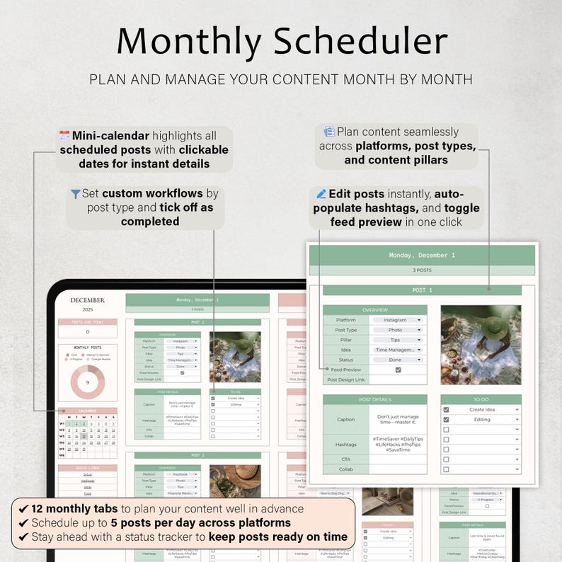K&ouml;nnte beinhalten: Digitales monatliches Planer-Interface mit sauberem, modernem Design. Der Bildschirm zeigt einen Kalender, Post-Details und Workflow-Optionen. Text enth&auml;lt "Monthly Scheduler" und Funktionen wie "Planen und Verwalten Ihrer Inhalte Monat f&uuml;r Monat".