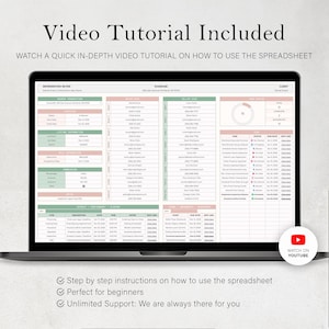 May include: A laptop displays a spreadsheet with a green and pink color scheme. The screen shows data fields and text, with the words "Video Tutorial Included" at the top. A YouTube icon is visible, along with text that says "Watch on YouTube".