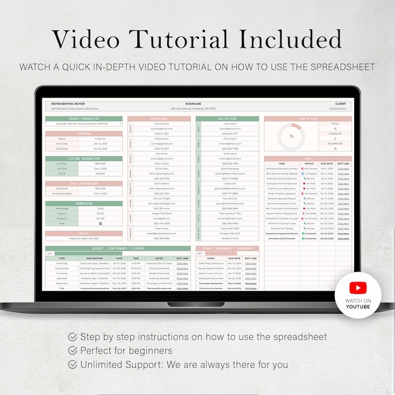 May include: A laptop displays a spreadsheet with a green and pink color scheme. The screen shows data fields and text, with the words "Video Tutorial Included" at the top. A YouTube icon is visible, along with text that says "Watch on YouTube".