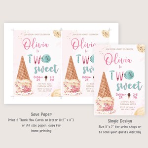 Op de afbeelding: Een roze en blauwe verjaardagsuitnodiging met een aquarel-illustratie van een ijshoorn. De tekst luidt "Olivia is twee jaar, dat is zo lief" met de datum "24 oktober" en de tijd "14:00-17:00 uur".