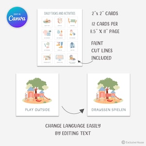 Pu&ograve; includere: Un foglio stampabile di carte per attivit&agrave; e compiti quotidiani di 5,08 cm per 5,08 cm, con 12 carte per pagina da 21,59 cm per 27,94 cm, con illustrazioni e testo. Il design include linee di taglio sottili e opzioni di testo modificabile.