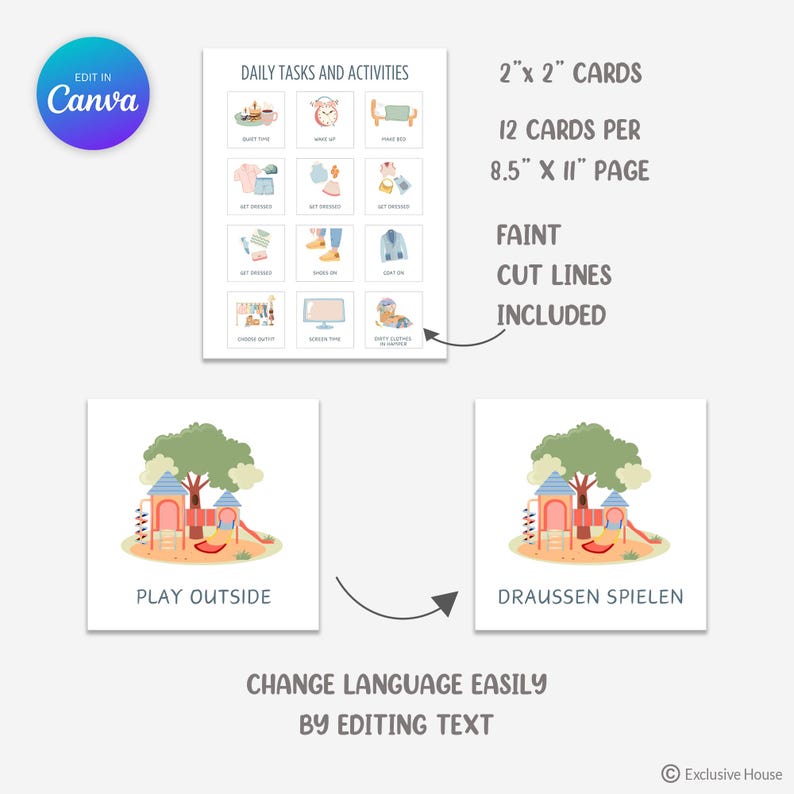 Pu&ograve; includere: Un foglio stampabile di carte per attivit&agrave; e compiti quotidiani di 5,08 cm per 5,08 cm, con 12 carte per pagina da 21,59 cm per 27,94 cm, con illustrazioni e testo. Il design include linee di taglio sottili e opzioni di testo modificabile.