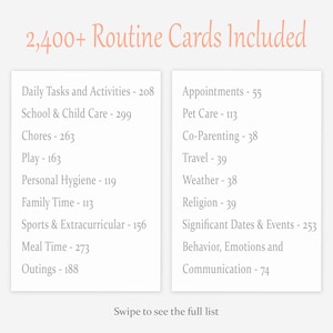 Pu&ograve; includere: Un elenco digitale intitolato 2,400+ Routine Cards Included, che presenta due colonne di categorie con conteggi specifici: Daily Tasks and Activities 208, School & Child Care 299, Chores 263, Play 163, Personal Hygiene 119, Family Time 113, Sports & Extracurricular 156, Meal Time 273, Outings 188, Appointments 55, Pet Care 113, Co-Parenting 38, Travel 39, Weather 38, Religion 39, Significant Dates & Events 253, Behavior, Emotions and Communication 74, e Swipe to see the full list.