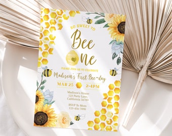 Bee First Birthday Invite First Bee Day Invitation Honey Bee 1st Birthday Invite Sweet To Bee One Invitation Editable Instant Download B03