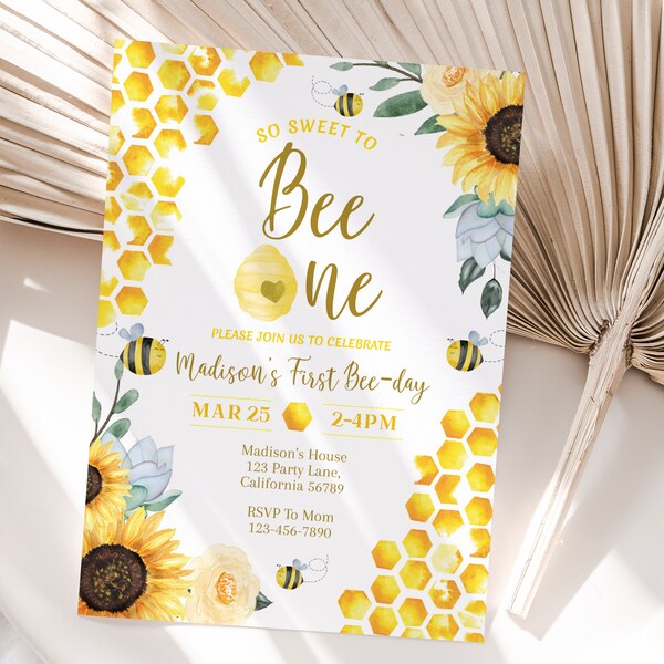 Bee First Birthday Invite First Bee Day Invitation Honey Bee 1st Birthday Invite Sweet To Bee One Invitation Editable Instant Download B03