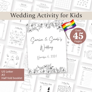 May include: A black and white printable activity booklet for kids with over 45 pages of wedding-themed activities. The cover features a floral design and the text "Samira & Sarah's Wedding" with the date "November 6, 2024".