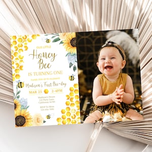 Bee Birthday invitation with Photo Bee Day Invitation with Picture Bee and Sunflower Birthday Party Invitation ANY AGE Instant EDITABLE B03