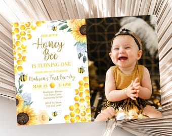 Bee Birthday invitation with Photo Bee Day Invitation with Picture Bee and Sunflower Birthday Party Invitation ANY AGE Instant EDITABLE B03