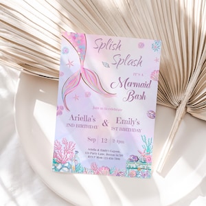 Mermaid Joint Birthday Invitation Under the Sea Double Birthday Invites Sisters Dual Girls Party Pink Purple Editable Instant Digital M02
