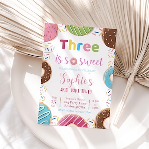 Donut 3rd Birthday Invitation Three Is Sweet Birthday Party Invitation Girl Donut 3 year old Invite Third Editable Instant Digital D04