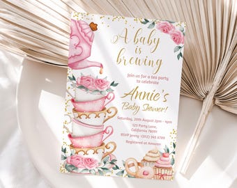 Tea Party Baby Shower Invitation A Baby is Brewing Invite Girl Baby Shower Pink Gold High Tea Shower EDITABLE Instant Digital Download TB1