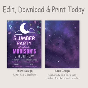 Sleepover Birthday Invitation Slumber Party Invite Teen Girl Pajama Party Invite Glamping Purple Neon Glow EDITABLE Instant Digital S07 image 2