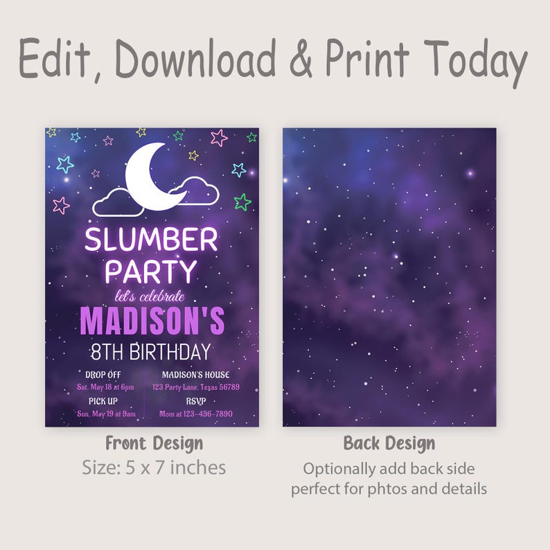 Sleepover Birthday Invitation Slumber Party Invite Teen Girl Pajama Party Invite Glamping Purple Neon Glow EDITABLE Instant Digital S07 image 2
