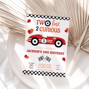 Racing Car Birthday Invitation Two Fast Invitation Race Car Party Invite Boy 2nd Birthday Invite Second Red EDITABLE Instant Download R03 image 1