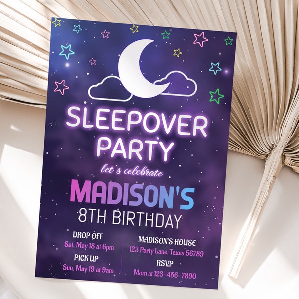 Sleepover Birthday Invitation Slumber Party Invite Teen Girl Pajama Party Invite Glamping Purple Neon Glow EDITABLE Instant Download S07