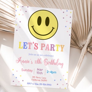 Girl Birthday Invitation Smiley Face Invitation Girl Birthday Party Invitation Teen Birthday Invite Pink ANY AGE EDITABLE Instant Download