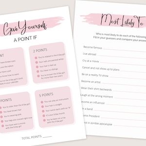 May include: A printable game for a birthday party. The game is called "Give Yourself a Point If" and has a list of things to do to earn points. The game also includes a "Most Likely To" section with a list of questions to answer about the guests.
