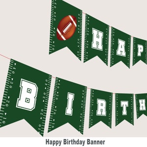 May include: Green and white Happy Birthday banner with a football theme. Each pennant features a white letter and a ruler design.
