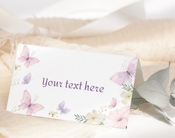 Tienda de comida con forma de mariposa, tarjeta de cumpleaños con forma de mariposa, etiqueta de comida con forma de mariposa morada, etiqueta de buffet con forma de mariposa, decoración, editable, digital instantáneo, B04