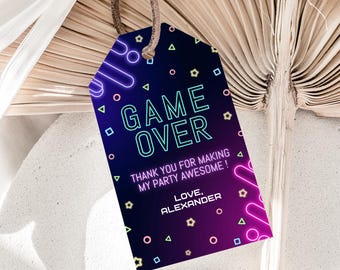 Arcade Birthday Favor Tags Arcade Party Tags Gamer Over Thank You Tags Neon Glow Gamer Gift Tags EDITABLE Template Instant Download V01