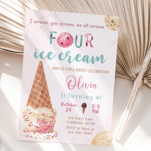 Ice Cream Birthday Invitation Four Ice Cream 4th Birthday Party Invite 4 year old Invite Girl Boy Fourth Editable Instant Digital I01