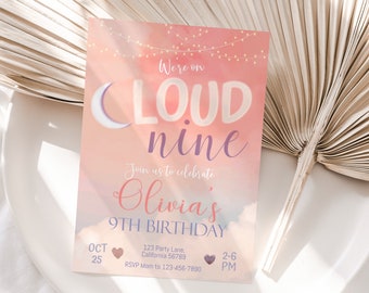 On Cloud 9 Birthday Invitation Cloud Nine Birthday Invitation Girl 9th Birthday Party Pink Cloud 9 Invite EDITABLE Instant Digital C05