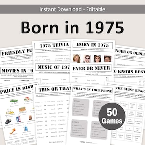 50th Birthday Games Bundle 50th Birthday Party Games 1975 Trivia Born in 1975 50 Year Old Men Women Him Her Quiz EDITABLE Instant Digital