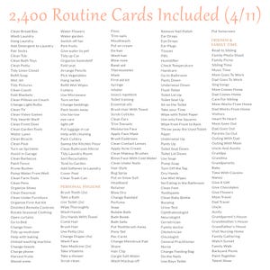 Pu&ograve; includere: Un elenco digitale intitolato 2,400 Routine Cards Included (4/11) che presenta colonne di testo organizzate per categorie come Personal Hygiene e Friends & Family Time. L'elenco contiene varie attivit&agrave; quotidiane, faccende e impegni.