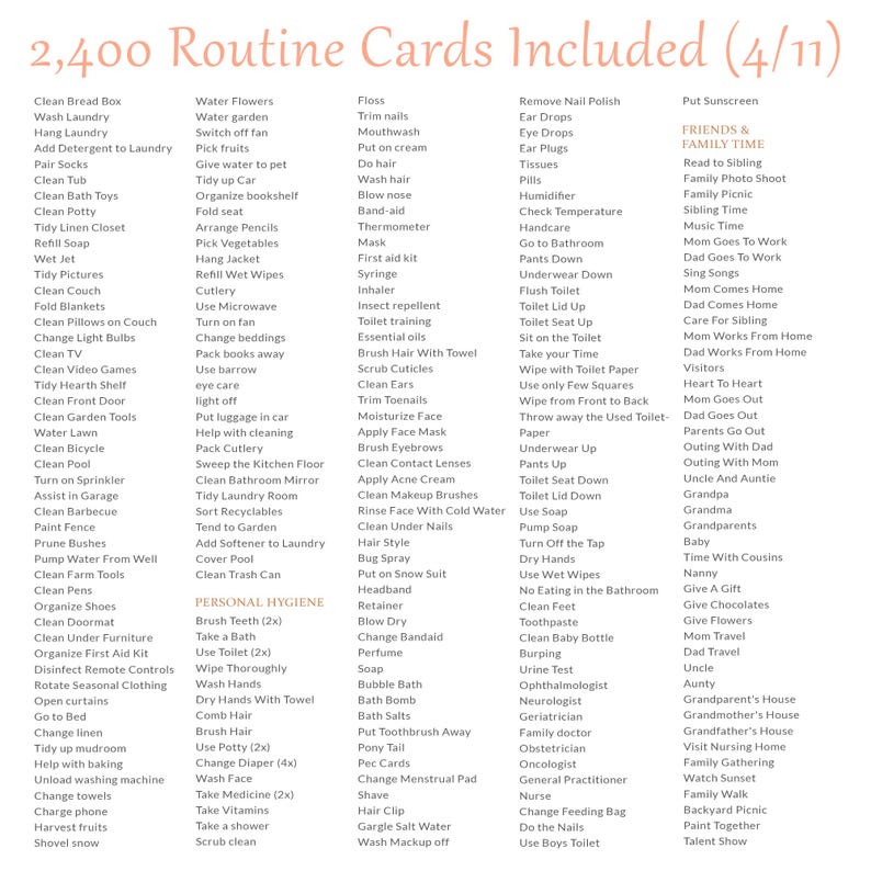Pu&ograve; includere: Un elenco digitale intitolato 2,400 Routine Cards Included (4/11) che presenta colonne di testo organizzate per categorie come Personal Hygiene e Friends & Family Time. L'elenco contiene varie attivit&agrave; quotidiane, faccende e impegni.