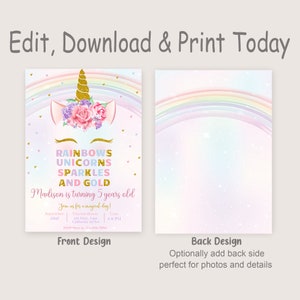 Unicorn Rainbow Birthday Invitation Unicorns Rainbows Sparkles and Gold Invitation Girl Party Invite Pastel EDITABLE Instant Digital U01 image 2