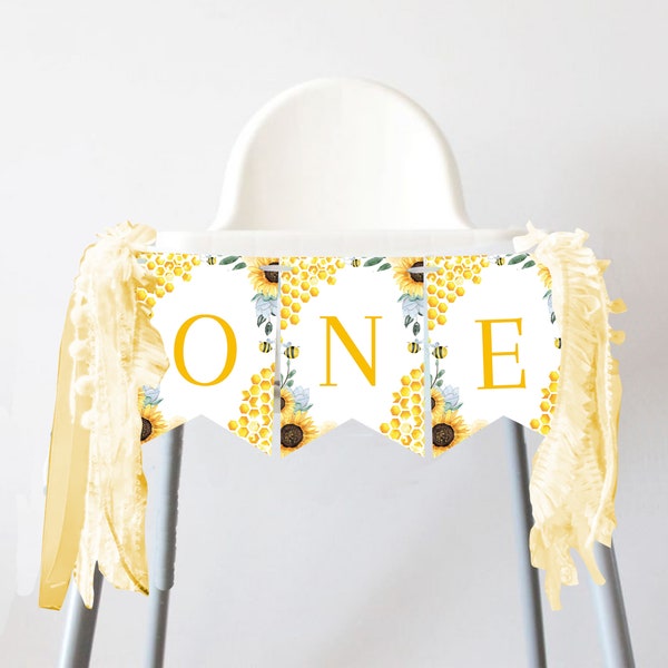 Bee High Chair Banner First Bee Day Highchair Bunting First birthday 1st Bee Day Party Decor Happy Bee Day Decoration PRINTABLE Digital B03