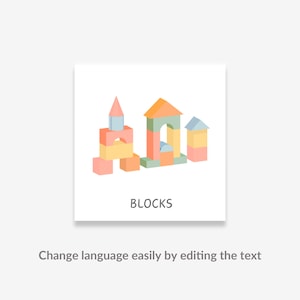 May include: A graphic illustration of colorful building blocks in pastel shades of pink, yellow, blue, and orange. The word "BLOCKS" is printed below the blocks. The image is on a white background.